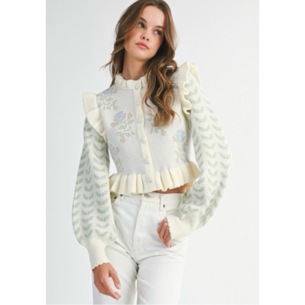 MABLE | Eloise Long Sleeve Ruffle Floral Print Crop Cardigan ~ NWT Medium - Picture 4 of 14